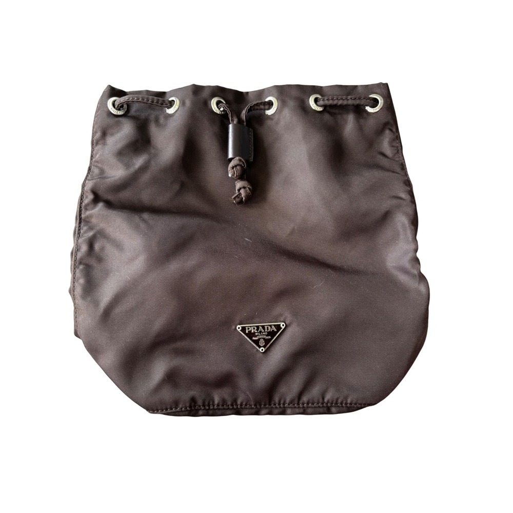Vintage 90s Y2K Prada Tessuto Nylon Drawstring Pouch Chocolate Brown Logo Bag